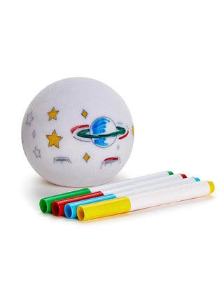Coloring light-up galaxy globe with markers, white globe with planet and star face