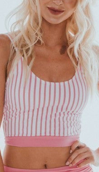 Pink striped knotted backstroke swim top with scoop neckline and stitched hem