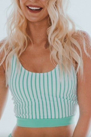 Mint striped knotted backstroke swim top with scoop neckline and supportive fit