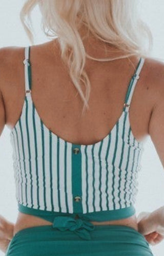 Teal striped swim top with spaghetti straps, back buttons, and bow tie detail