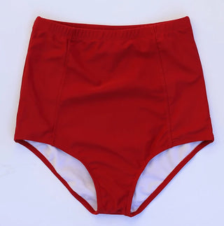 High-rise red swim bottoms with elastic waistband and seamless front panel