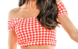 Red and white gingham off-shoulder ruffle swim top with elastic neckline