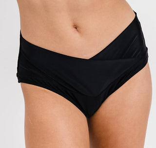 Black low-rise swim bottoms with gathered waistband, smooth bikini cut