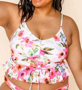 Floral scrunched swim top with peplum ruffle, pink and green fish print, scoop front