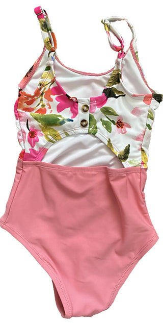 Floral one-piece swimsuit with pink bottom, button placket and adjustable straps