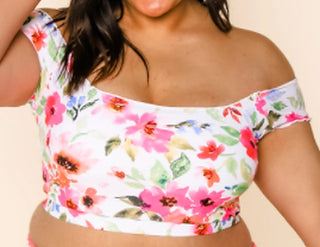 Floral off-shoulder swim top with wide scoop neckline, pink and green flower print