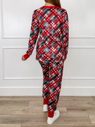 Red plaid pajama set viewed from back: long-sleeve top and jogger pants