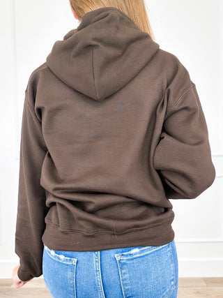 Brown hoodie sweatshirt back view with large hood and kangaroo pocket