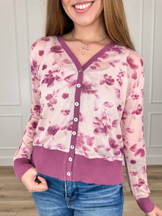 Purple sheer mesh long-sleeve cardigan with button front and ribbed cuffs