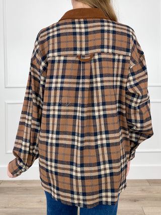 Back view of brown and blue plaid long-sleeve button-up shirt with yoke and seams