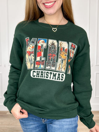 Green crewneck sweatshirt with long sleeves and colorful 'CHRISTMAS' graphic