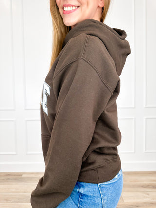 Brown graphic hoodie sweatshirt with hood and front pocket