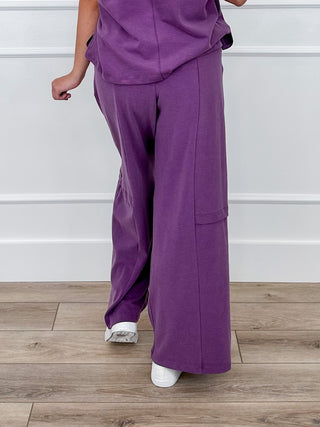 Smoky lilac high-rise wide-leg pants with drawstring waist and patch pocket seams