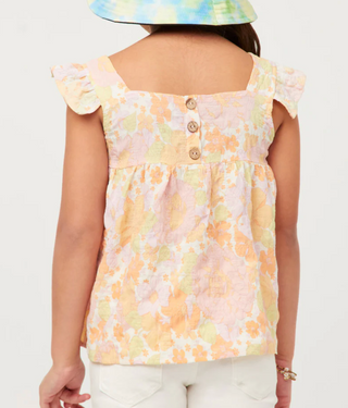 Kids cream floral tank top, back button placket, ruffled cap sleeves