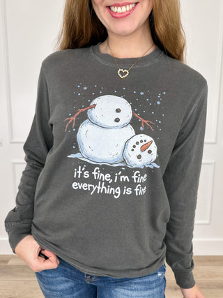 Grey long-sleeve cotton graphic crewneck tee with snowman face and text design