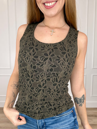 Green lace tank top with floral pattern, scoop neckline, sleeveless