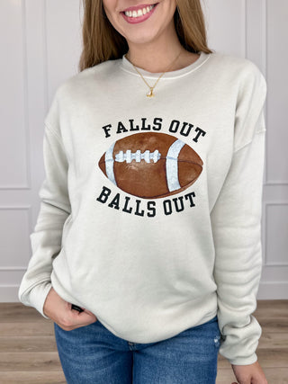 Oat crewneck sweatshirt with football graphic and stacked text, long sleeves