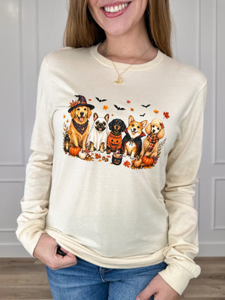 Paws-itively Spooky Cotton Long Sleeve Cream Avery Mae Graphic Tee Shirt (Bella+Canvas)