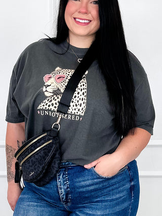 Grey short-sleeve cotton graphic tee with Unbothered text and character art