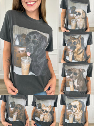 Grey short-sleeve graphic tee shown with multiple dog-and-iced-drink print variations