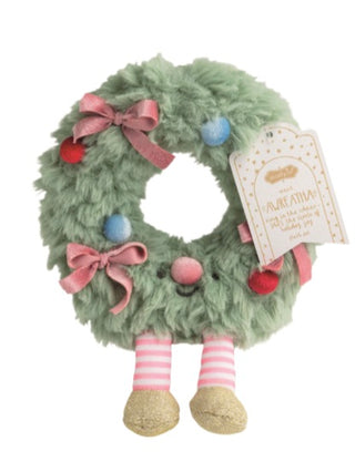 Holiday snuggles plush wreath with pink bows, tag, blue accents, striped legs, tan glitter feet