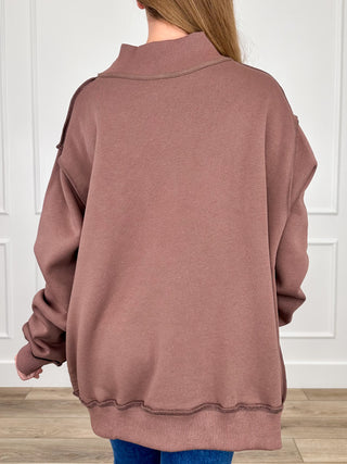 Brown mock-neck long-sleeve sweatshirt back view, no visible graphic
