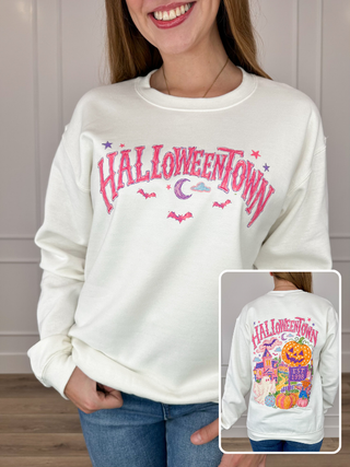 Halloween Nostalgia Cotton Blend Long Sleeve White Avery Mae Graphic Crewneck Sweatshirt (Gildan)