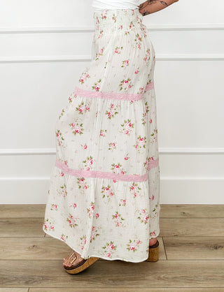 High-rise cotton palazzo pants, cream floral print with pink stripe tiered panels