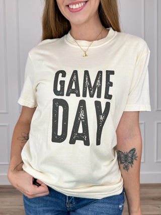 Cream short-sleeve cotton tee with black GAME DAY front graphic
