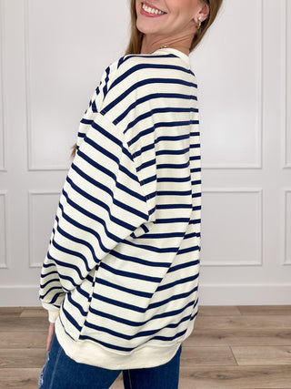 Ribbed long-sleeve henley striped top, cream with navy horizontal stripes