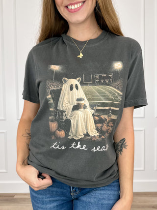 Grey crew-neck short-sleeve graphic T-shirt with ghost stadium print, “tis the sea”