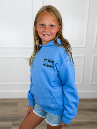 Kids blue hoodie sweatshirt with hood, kangaroo pocket, and "Do what makes you happy" graphic