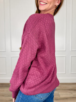 Purple knit long-sleeve sweater, textured back and side detail, ribbed hem and cuffs