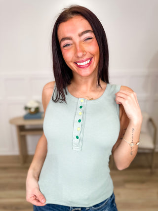 POL rayon blend tank top, light green sleeveless with button-front henley placket