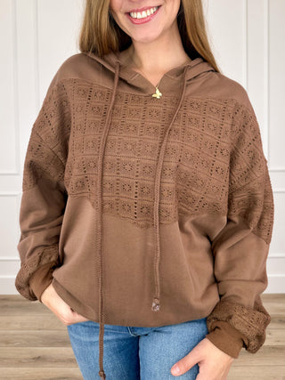 Easel Tell Me Anything Cotton Blend Long Sleeve Brown Hooded Top