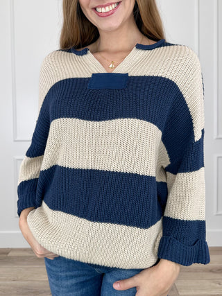 Striped cotton sweater top with 3/4 sleeves, cream and navy blue horizontal bands