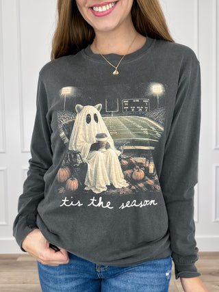 Grey long-sleeve graphic tee with ghost on football field, 'tis the season' print