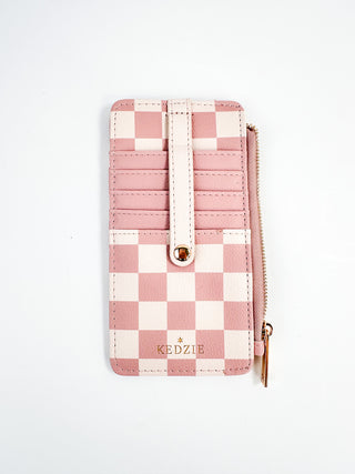 Faux leather pink checkered wallet with snap button and card slots