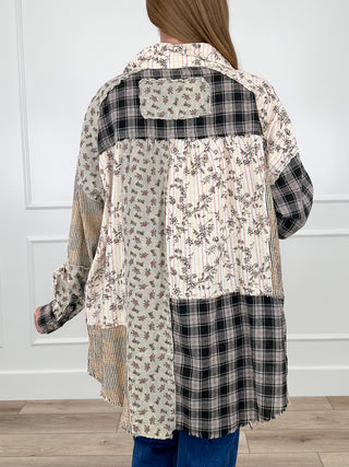 Back of patchwork cotton tunic top with floral and plaid blocks, long sleeves