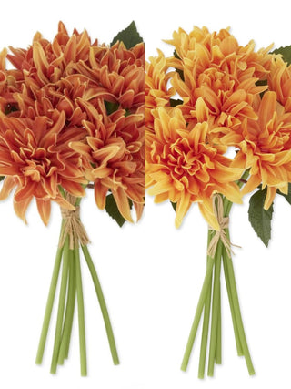 Two lifelike dahlia bundles side-by-side in rust and yellow with green leaves and long stems