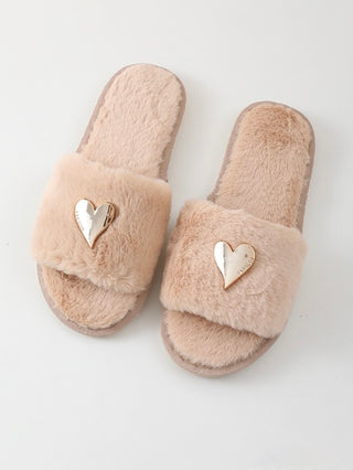 Plush heart slippers, latte-brown fuzzy slide style with gold heart appliques