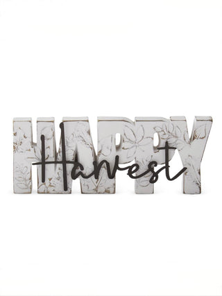 Resin letter decor reading 'Harvest' with white marbled finish and black cursive script