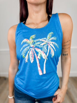 Painted Paradise Cotton Blend Blue Avery Mae Graphic Tank Top