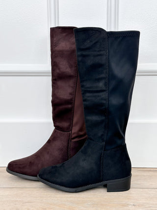 Burgundy and black faux-suede tall boots with low block heels and pull-on fit.