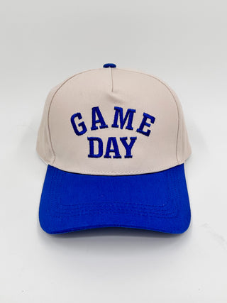 Game Day embroidered hat with beige crown and blue “GAME DAY” text on a blue brim