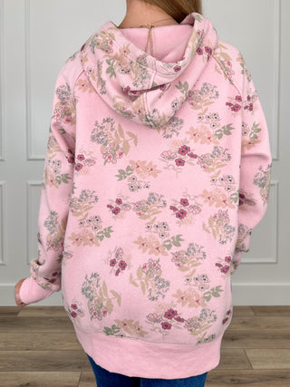 Pink floral knit hoodie sweatshirt with drawstring hood, back view
