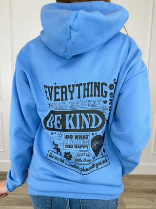 Blue long-sleeve graphic hoodie with hood and kangaroo pocket, back view