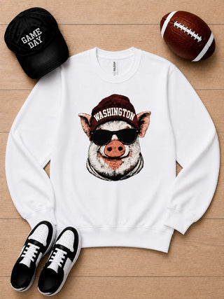 White long sleeve crewneck sweatshirt with Washington graphic dog wearing a dark sunglasses beanie.