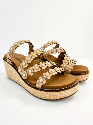 Corky's faux leather wedge sandals with floral pearl bead straps