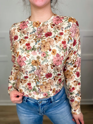 Vintage Bloom Lightweight Long Sleeve Sand Avery Mae Mom Cropped Button Up Cardigan